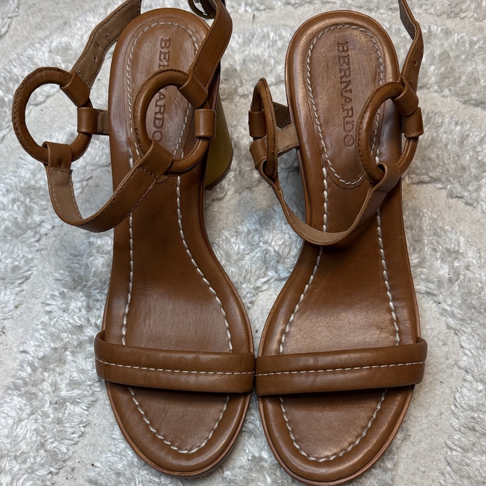 Bernardo Tan Leather Ring-Ankle Heeled Sandals